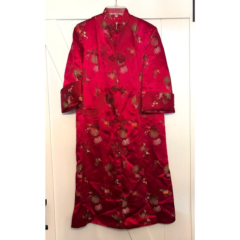 Vintage Peony Brand Shanghai Red Coat Dress Robe Womens Sz 34 Floral Brocade